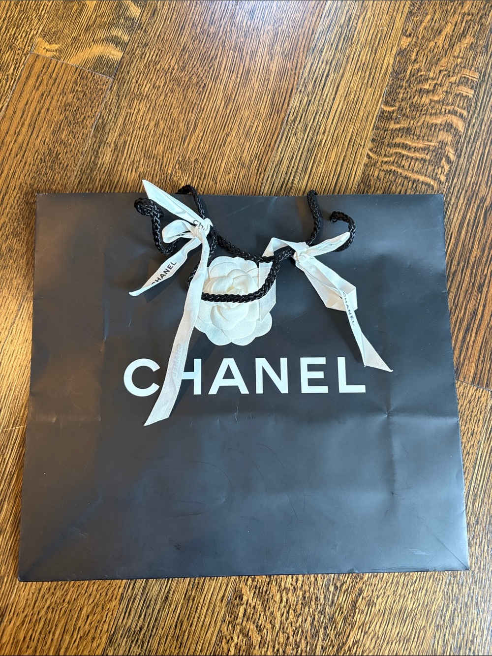 CHANEL Black and White Logo Paper Shopping Bag with Camellia Ribbon